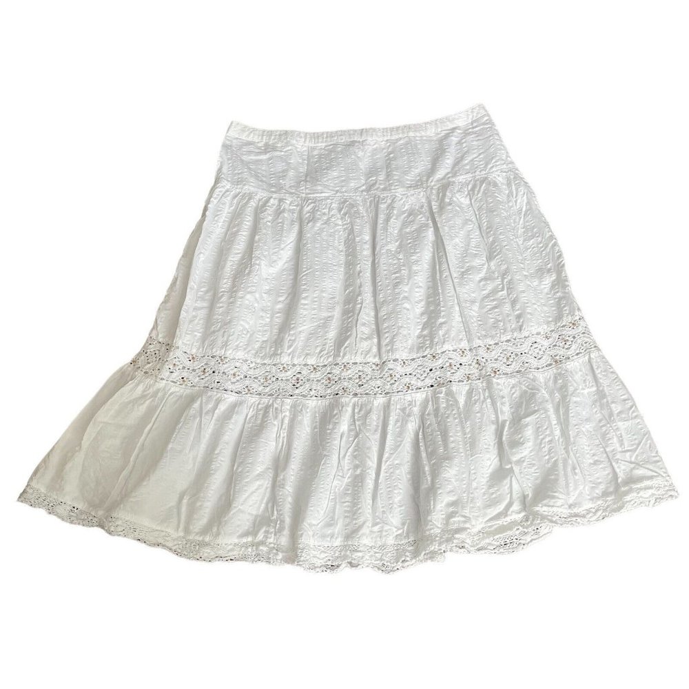 Tommy Hilfiger Midi Skirt 16 White 100% Cotton Seersucker Pucker Tiered Crochet